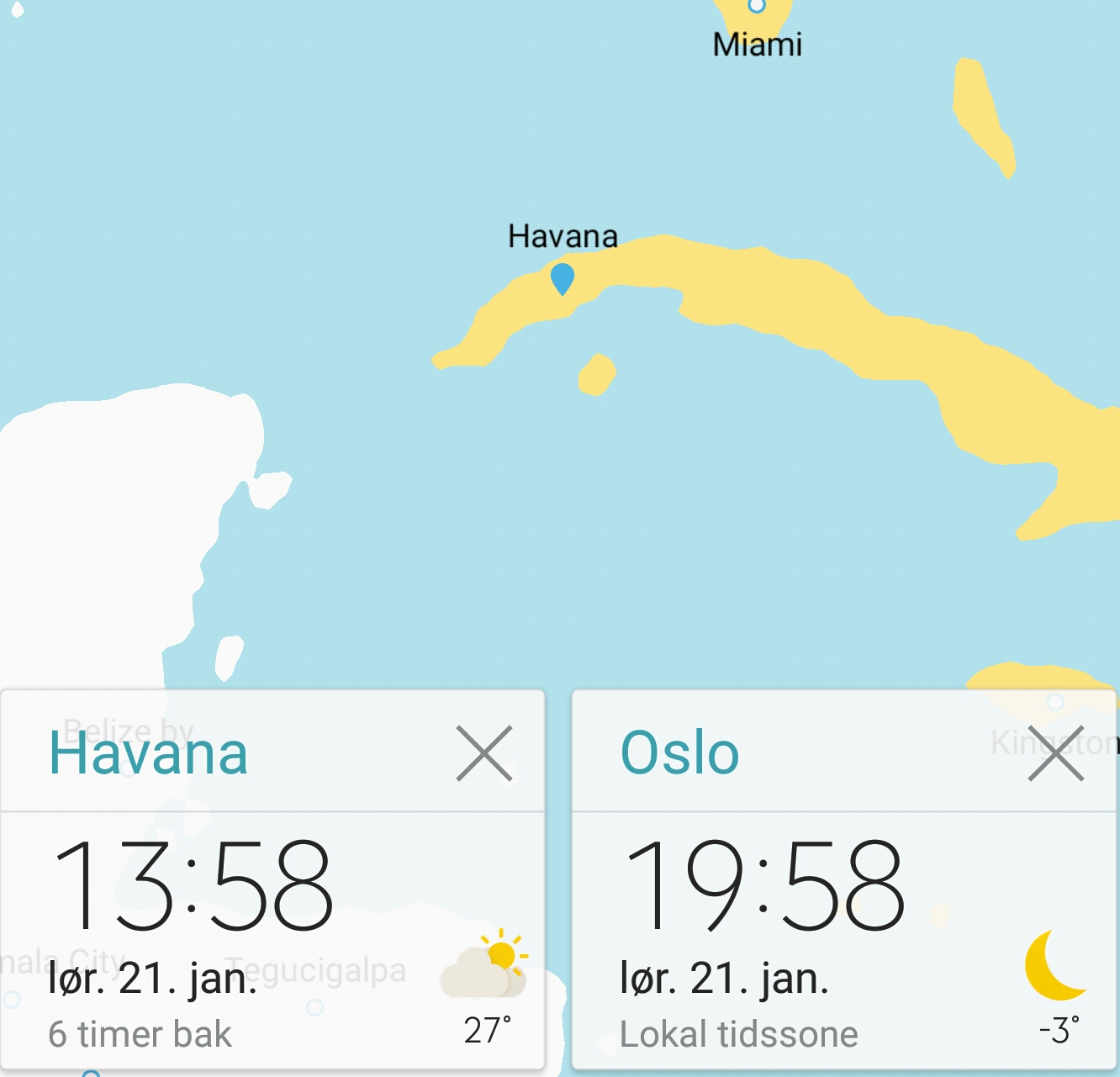 Tidsforskjell Havanna (Cuba) og Norge (Screenshot: Tarjei)